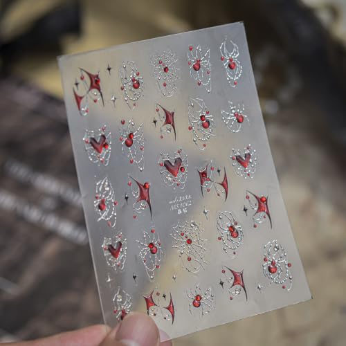 Halloween Red Spider Nail Stickers Set - Silver Web & Rhinestones for Manicure