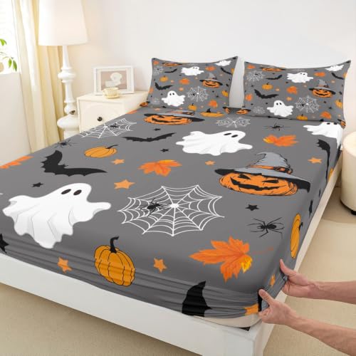 Halloween Bats & Spider Web Fitted Sheet Set Queen Size - Kids & Adults