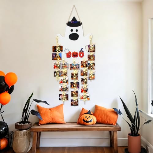 Halloween Ghost Door Sign with LED Lights and Photo Holder, Wooden Wall Decor