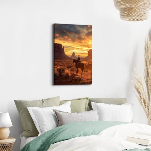 Western Cowboy Wall Art Desert Mountain Sunset Canvas Print - 16x24 Inches - Rustic Home Decor Variation of ZRCB13