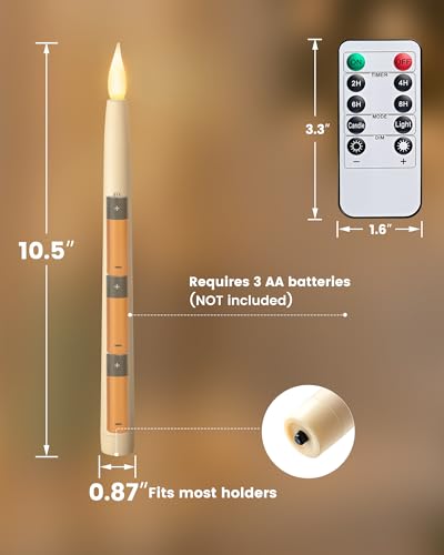 10.5 Inch Flameless Ivory Taper Candles with Remote & Timer - Warm White 3000K - 6 Pack