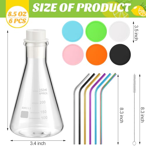 Lab Flask Glasses 6-Piece Set with Stainless Steel Straws & Coasters - 8.5 Oz