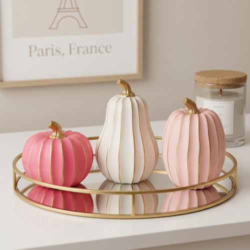 White Pink Gold Pumpkin Decor Set - 3 Resin Fall Figurines with Gold Trim & Metallic Stems - Variation of THIS listing