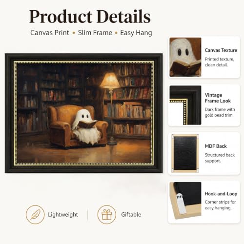 Vbaourut Halloween Ghost Wall Art - Reading Ghost Framed Decor 12x16 Inches - Dark Academia Style