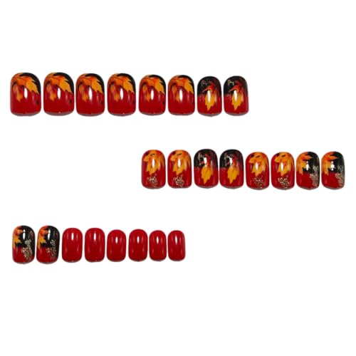 Fall Maple Press On Nails Short Square Glitter Leaves Design - Autumn Nails for Women - 24Pcs