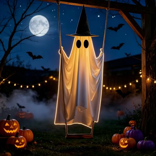 5ft Halloween Hanging Ghost Swing with Lights Outdoor Decor