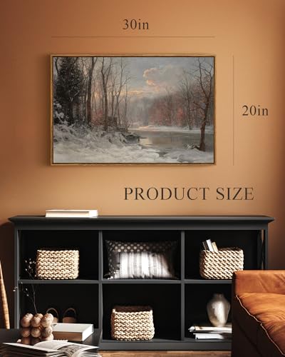Vintage Framed Canvas Wall Art - Winter Stream Landscape, 30x20 Inch
