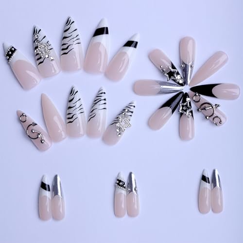 Multicolor Long Press on Nails Almond Goth Fake Nails Silver Charm Design 24pcs