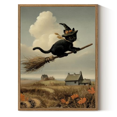 Black Cat Halloween Wall Art - Framed Canvas Print 16x12 Broomstick Variation