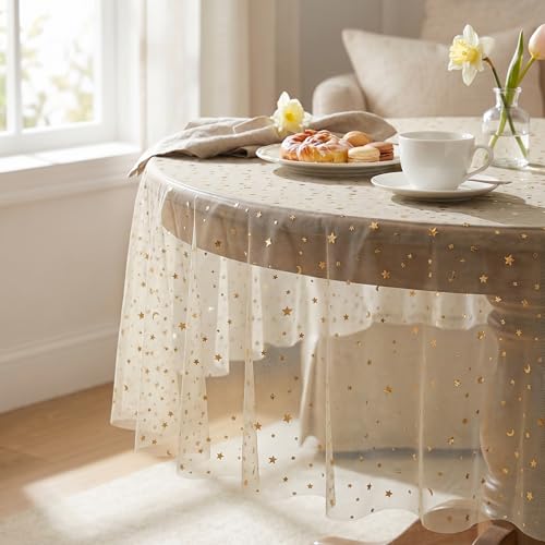 Horaldaily 60-Inch Round Beige Gold Gauze Star Moon Tablecloth - Durable Polyester