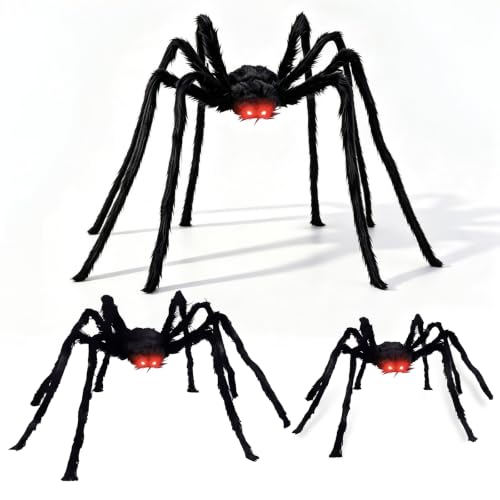 Giant Black Spider Family Set - 8Ft, 5Ft & 3Ft Halloween Decorations with Glowing Eyes