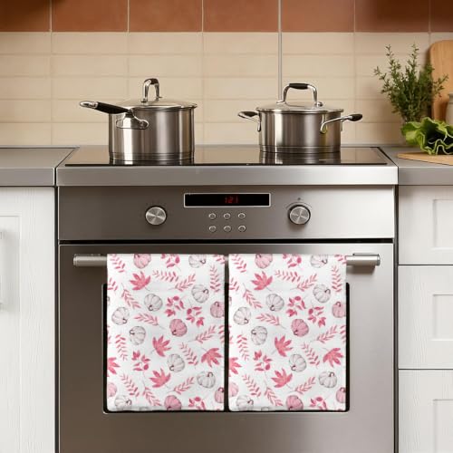 Dish Towels 9 Set of 2 - Fall Pink Maple Leaf Pumpkin Kitchen Hand Towels, 18x26 Inches, Thanksgiving Autumn Decor