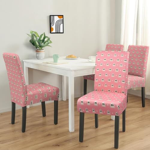 Pink Halloween Chair Covers Set of 6 Ghost Dining Slipcovers - Elastic Washable Protectors