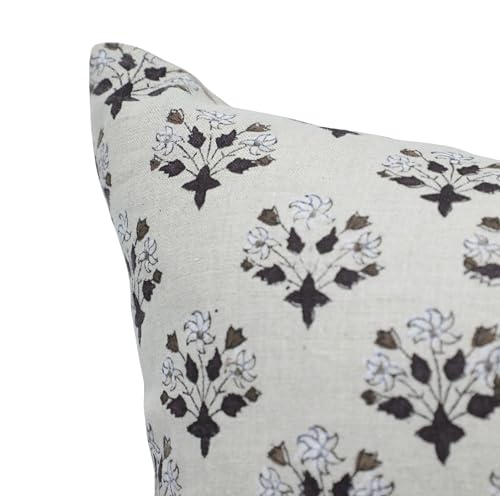 20x20 Inch Linen Cushion Cover with Zipper - Bohemian Floral Block Print - Brown Variation