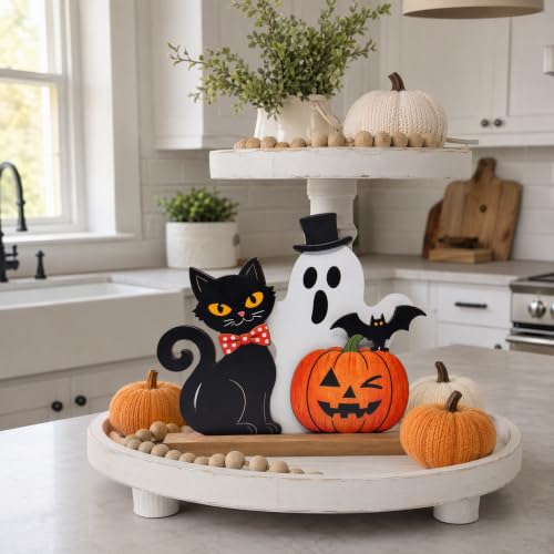 Halloween Wooden Tabletop Decor - Top Hat Ghost, Black Cat, Pumpkin & Bat