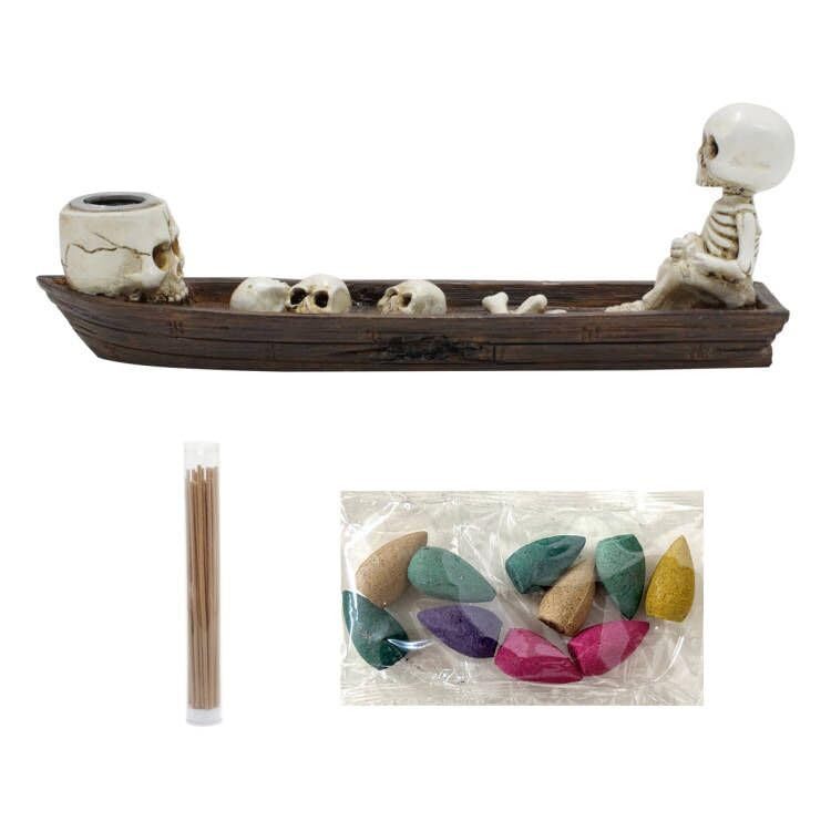 Halloween Incense Burner Skeleton Ship Hand-Carved 8.5 Inch Brown - NUOLUTH