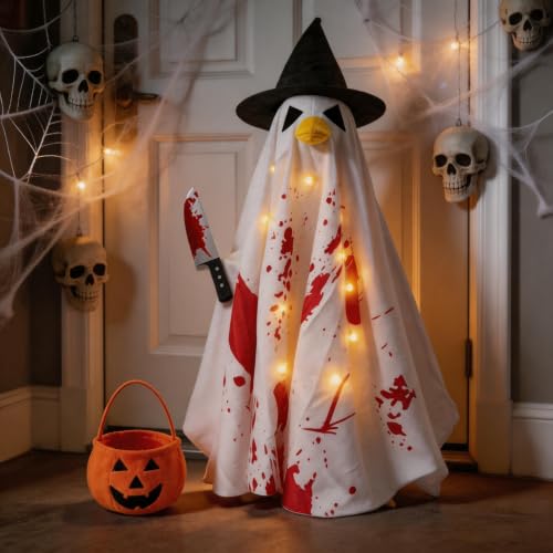 Halloween Porch Goose Costume Set with String Lights - Ghost Variation for 23 Inch Outdoor Decor