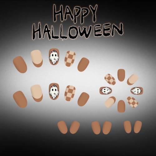 Halloween Press On Nails Short Oval Fake Nails with Ghost & Checkered Design - Brown, Reusable, 24Pcs - Variation: Color35
