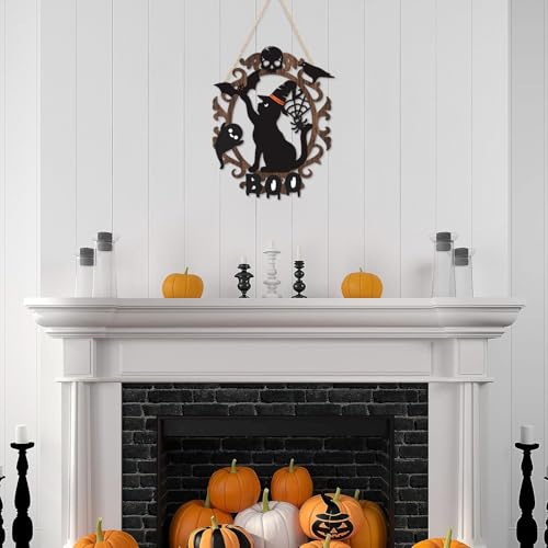 Halloween Black Cat Wooden Sign - Spooky Ghost & BOO Decor - 9x11 Inch Halloween Wall Hanging - Holiday Home Wreath & Porch Sign - Variation: Halloween