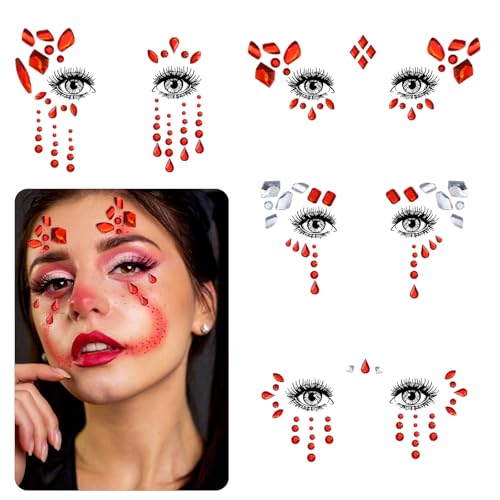 Self-Adhesive Face Gems Set for Halloween & Festivals - 5 Sheets Red & White Rhinestones for Body & Face Makeup