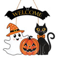 Halloween Door Hanging Sign Ghost Black Cat Pumpkin Welcome - White & Black