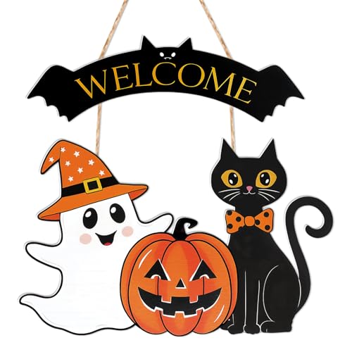 Halloween Door Hanging Sign Ghost Black Cat Pumpkin Welcome - White & Black