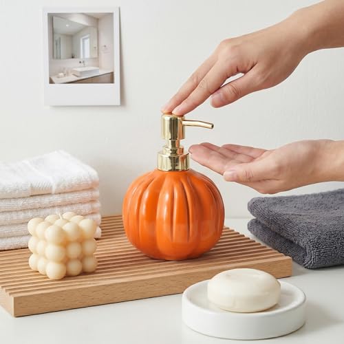Halloween Pumpkin Soap Dispenser - Orange Ceramic Refillable Liquid Pump Bottle - Fall Decor