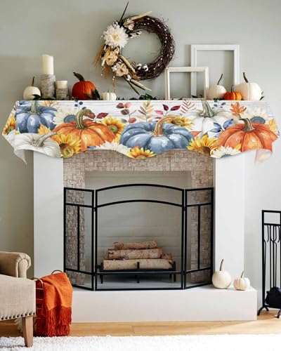 Fall Fireplace Mantel Scarf - Orange Blue Pumpkin Sunflower Rustic Decor 90 x 17 Inches - Fall Variation
