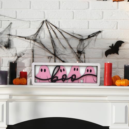 Pink Halloween Ghost Wooden Sign - Spooky Indoor Decor for Fireplace & Shelf