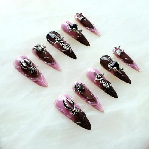 Pink Black Bunny Gothic Press-On Nails - Ombre Stiletto with 3D Halloween Charms - Small, LS