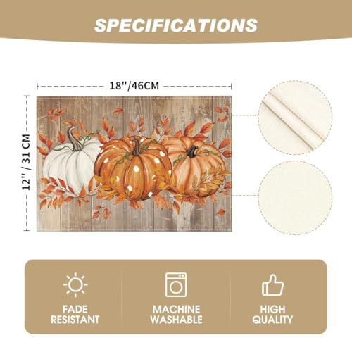 12x18 Inch Fall Leaves & Pumpkin Placemats Set of 6 - Wooden Rectangular