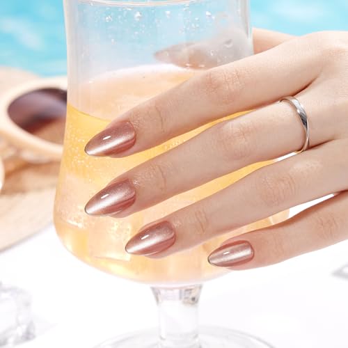 Short Almond Press-On Nails with Pink Cat Eye & Silver Tips - Coral Gleam Variation