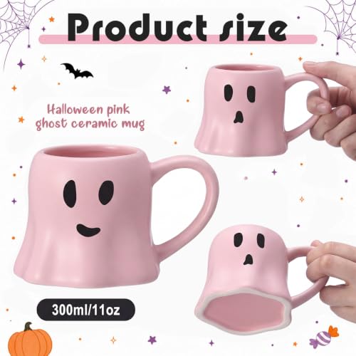 Pink Ghost Coffee Mug Set - 6 Pcs Halloween Ceramic Cups 11 oz - Ghost Face