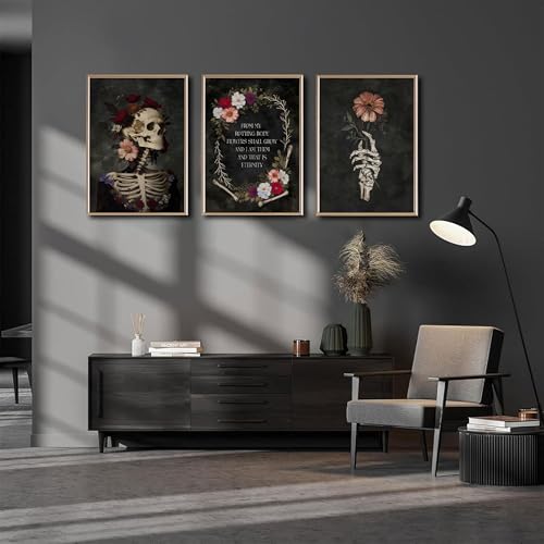 Black Gothic Skull Canvas Wall Art - Romantic Moody Flowers Poster for Bedroom & Halloween Decor - 16x24in