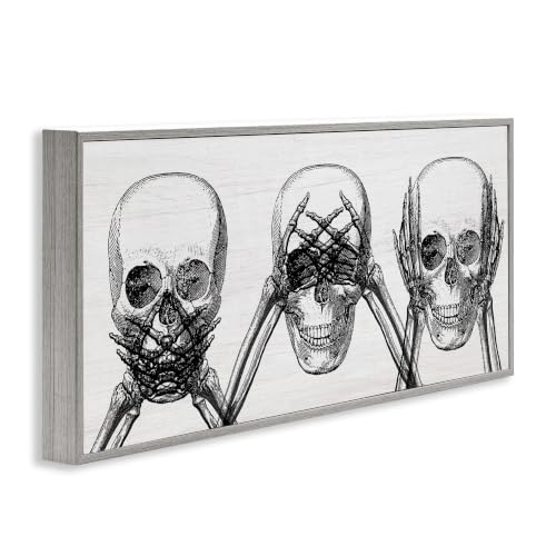 Speak See Hear No Evil Skulls Wall Art - 13x30 Inch Framed Giclée Print, Gray Variation