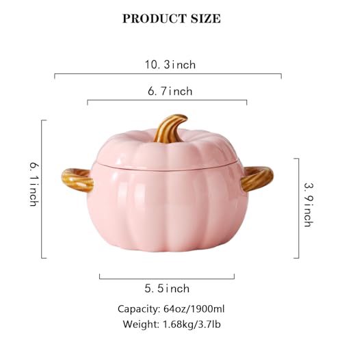 Pink Pumpkin Soup Bowl 64oz Ceramic Pumpkin Pot with Lid - Holiday Themed Serveware