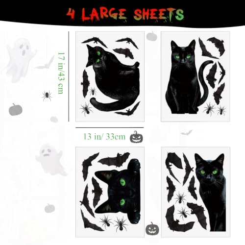 Halloween Window Clings - Large Black Cat, Bat & Spider Silhouette Decals
