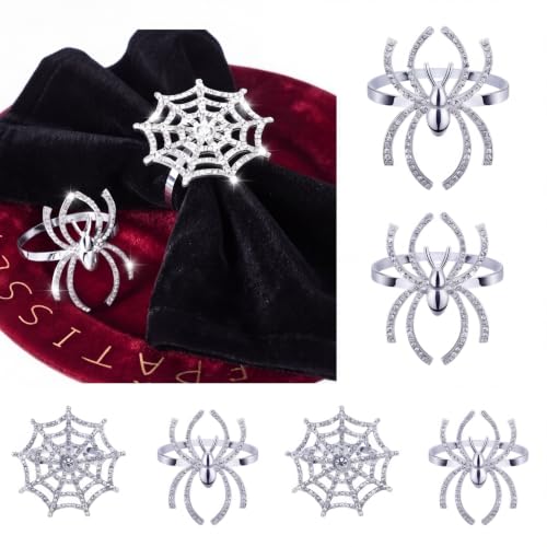 Halloween Spider Napkin Rings Set - Glitter Silver, 12 Pcs