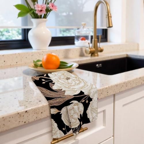 Decorative Floral Kitchen Towels Set - Black White Gold Peony 16x24 Inch