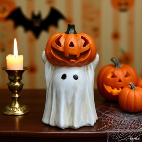 Halloween Ghost Decoration with Light-Up Jack-o'-Lantern Head - 7.7in White Ghost with Mini Pumpkin & LED Lights, Indoor & Outdoor Festive Decor - Variation of 7.7in Jack-o'-Lantern Head