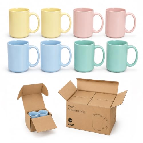 8 Pack 15 OZ Pastel Sublimation Coffee Mugs Set - Macaron Colors, Customizable Ceramic Cups