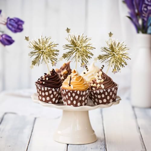 Foil Firework Cupcake Toppers - Light Gold Star Party Decoration 30Pcs