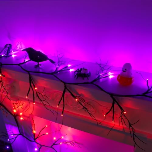 9 Ft Halloween Willow Vine Garland with Orange & Purple LED Lights - Set 1, Black Decor, Timer & 8 Modes