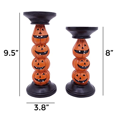 Halloween Pumpkin Candle Holder Set of 2 - Indoor Fireplace Decor, 9.5 Inch Polyresin Candlesticks
