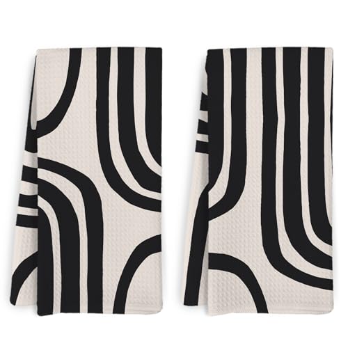 Mid Century Modern Boho Abstract Kitchen Towels & Dishcloths Set of 2 - Black Beige