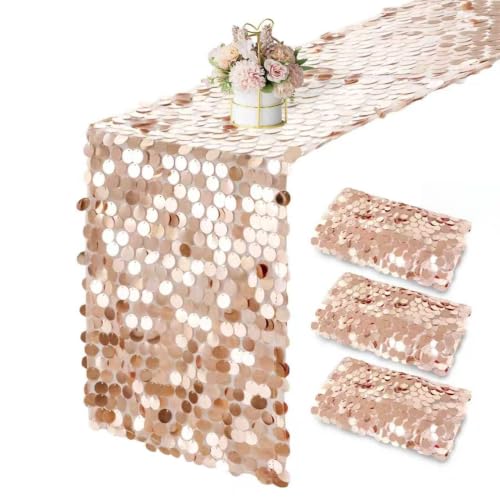 Rose Gold Sequin Table Runner Set - 3 Pack 12x108 Inch for Wedding Party Event