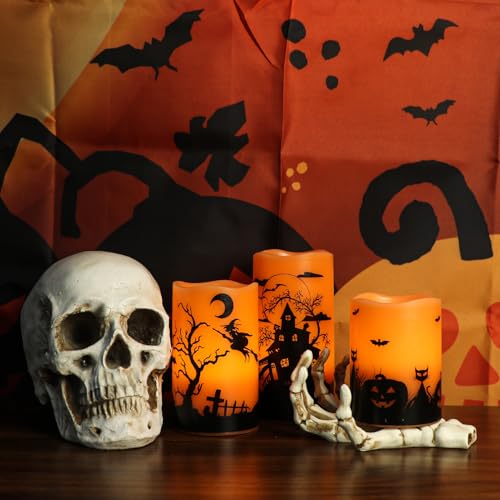 Orange Halloween Flameless Candles with Timer - 3 Pack Real Wax Pillars for Home Decorations