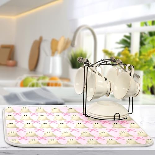 Pink Halloween Ghost Bow Dish Drying Mat - 18x24 Reusable Microfiber Kitchen Countertop