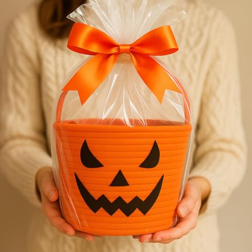 Halloween Trick or Treat Basket - Durable Cotton Rope Candy Container, 6.3x9 Inches