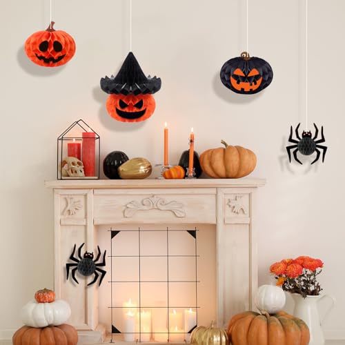 5 Pack Halloween Hanging Decorations - 3D Paper Spider & Pumpkin Set with Stickers